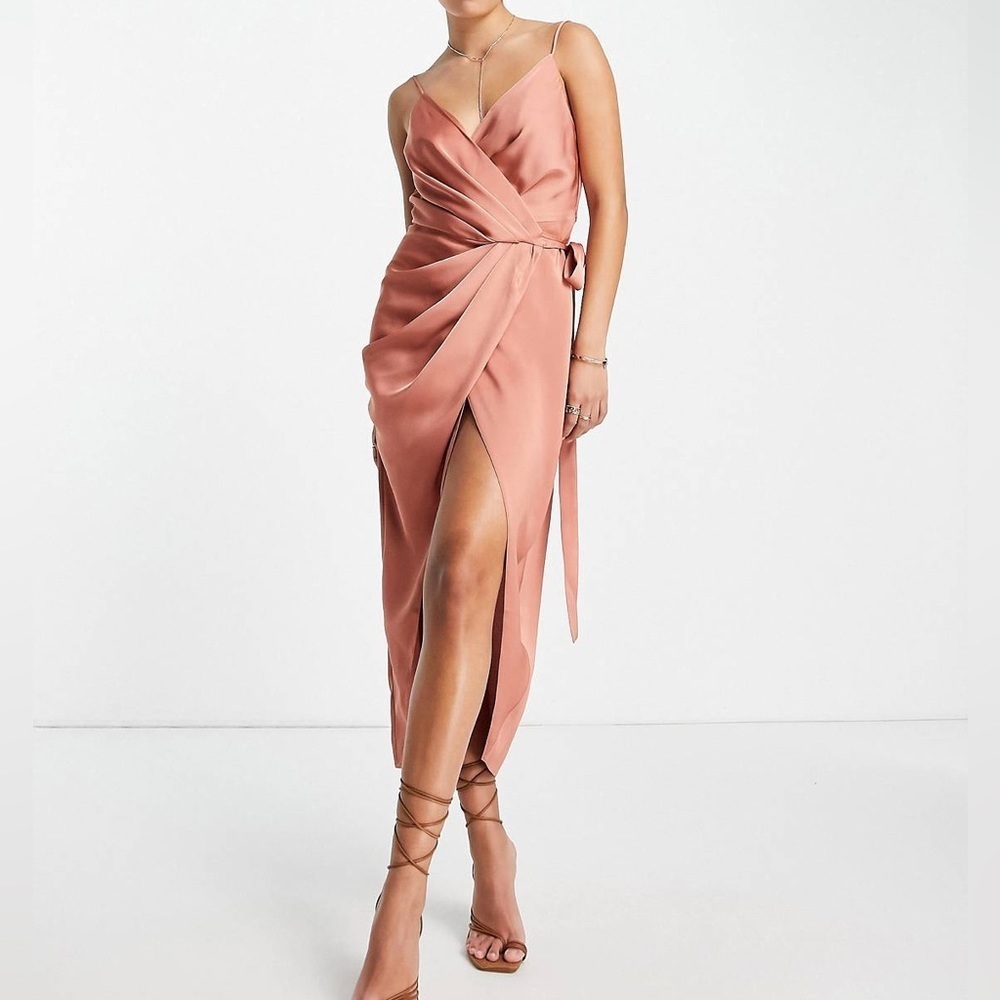 NWT ASOS DESIGN Size 8 midi wrap satin dress with drape detail in terracotta​​​
